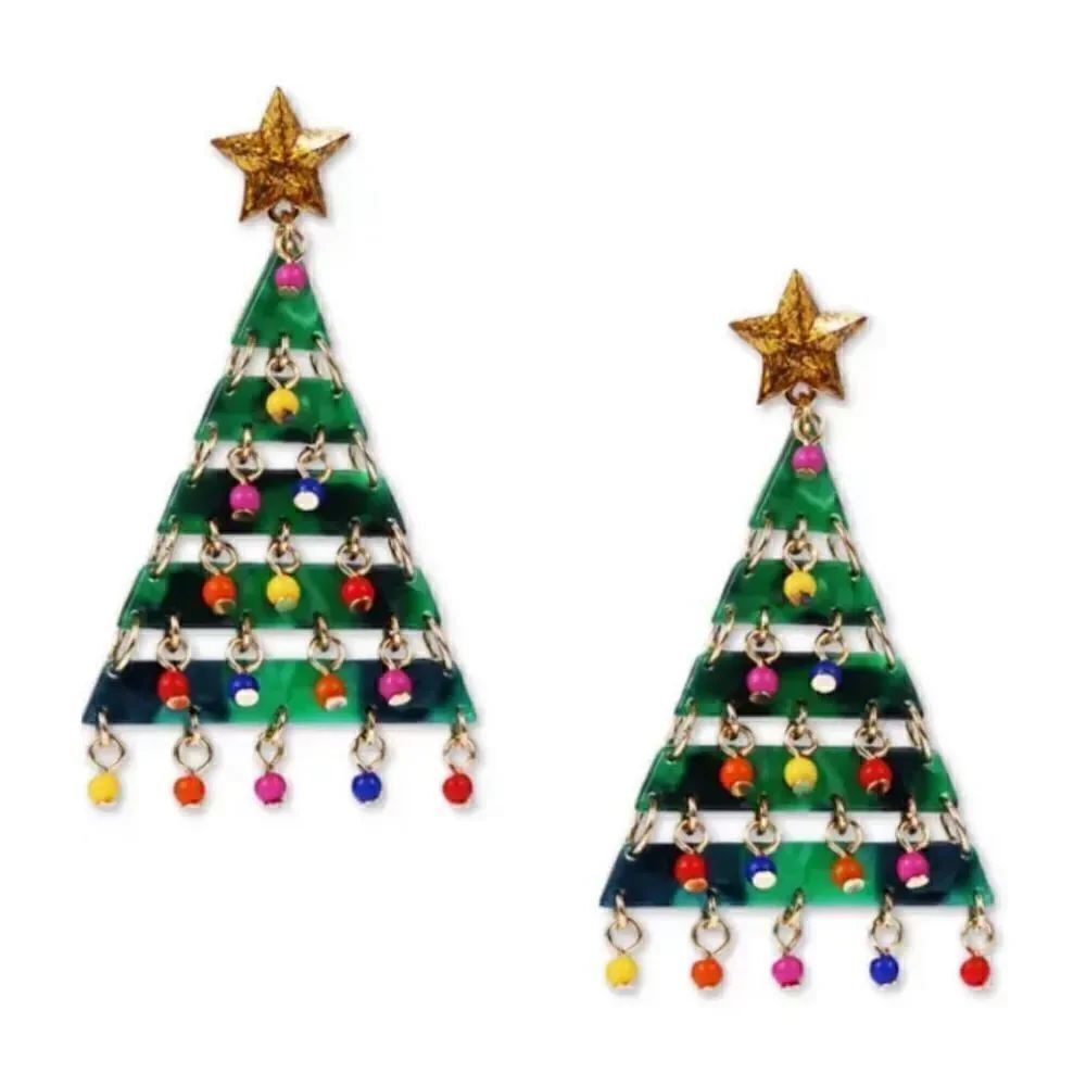 Holiday Lane INC Shaky Bead Decorated Tree Drop Earrings Green NWT